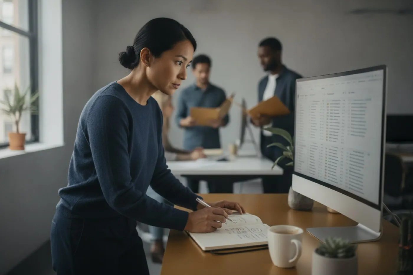 A recruiter reviewing a ranked candidate list on a monitor and taking notes by hand