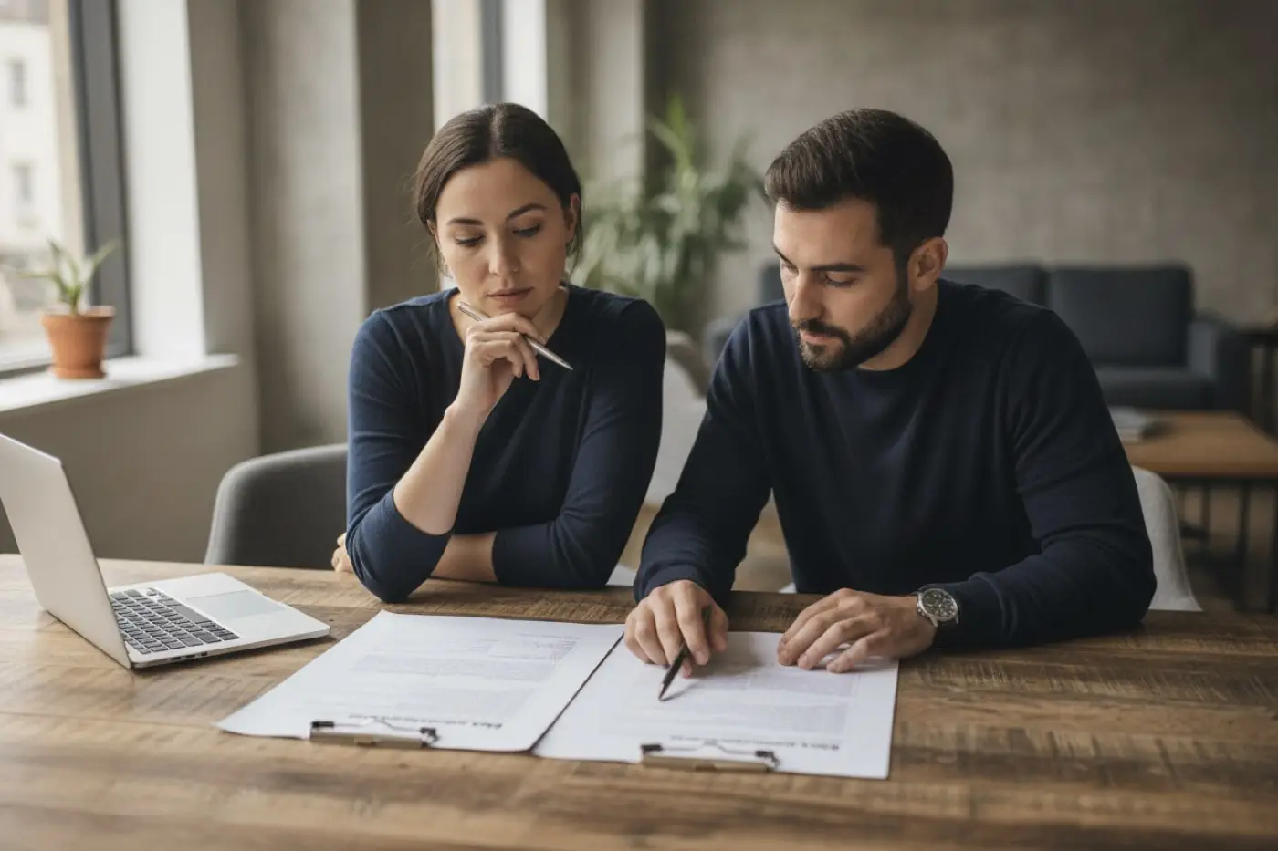 Two startup founders comparing two printed proposals side by side