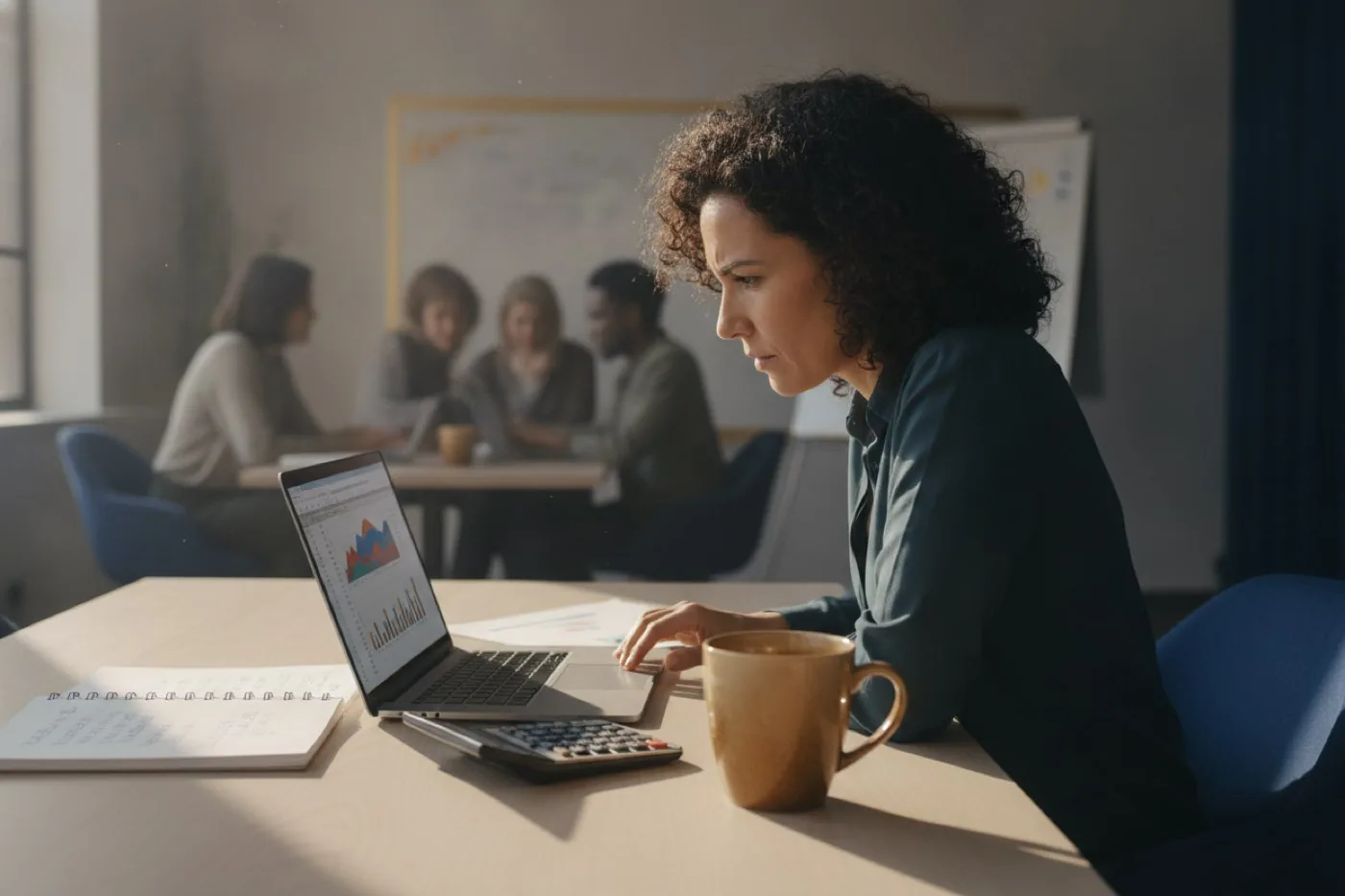 A founder reviewing recruiting costs on a laptop with a calculator and notebook