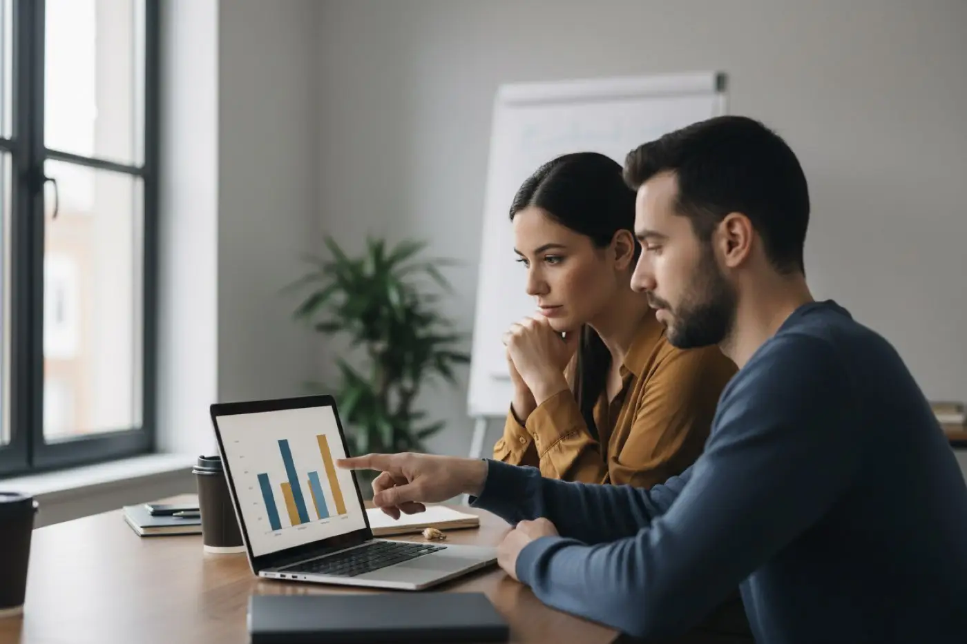 A founder and a recruiter reviewing a compensation chart on a laptop