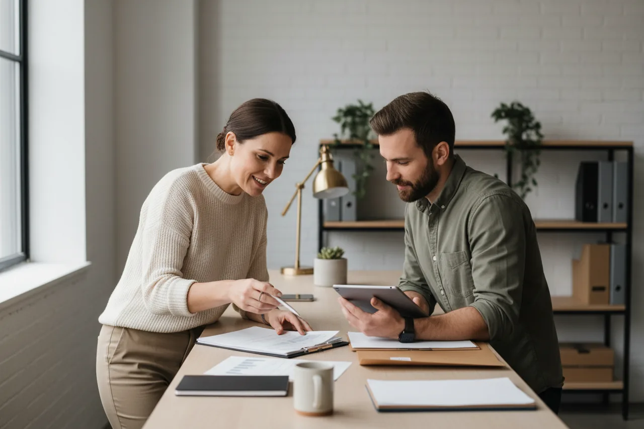 Small business owner reviewing hiring plans with an HR generalist
